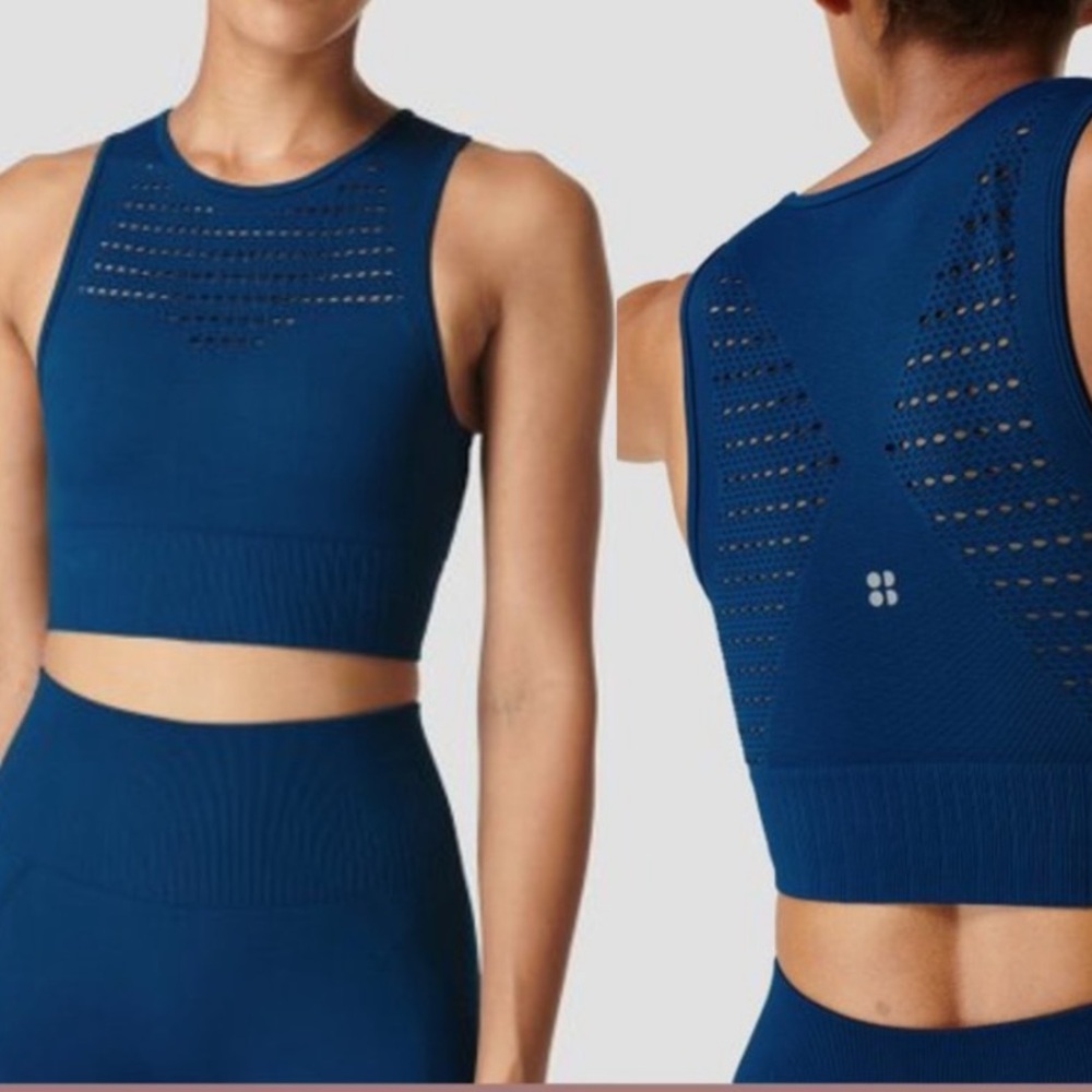 Sweaty Betty Blue Crop Top 360 bra mesh laser cut M EUC matching leggings M